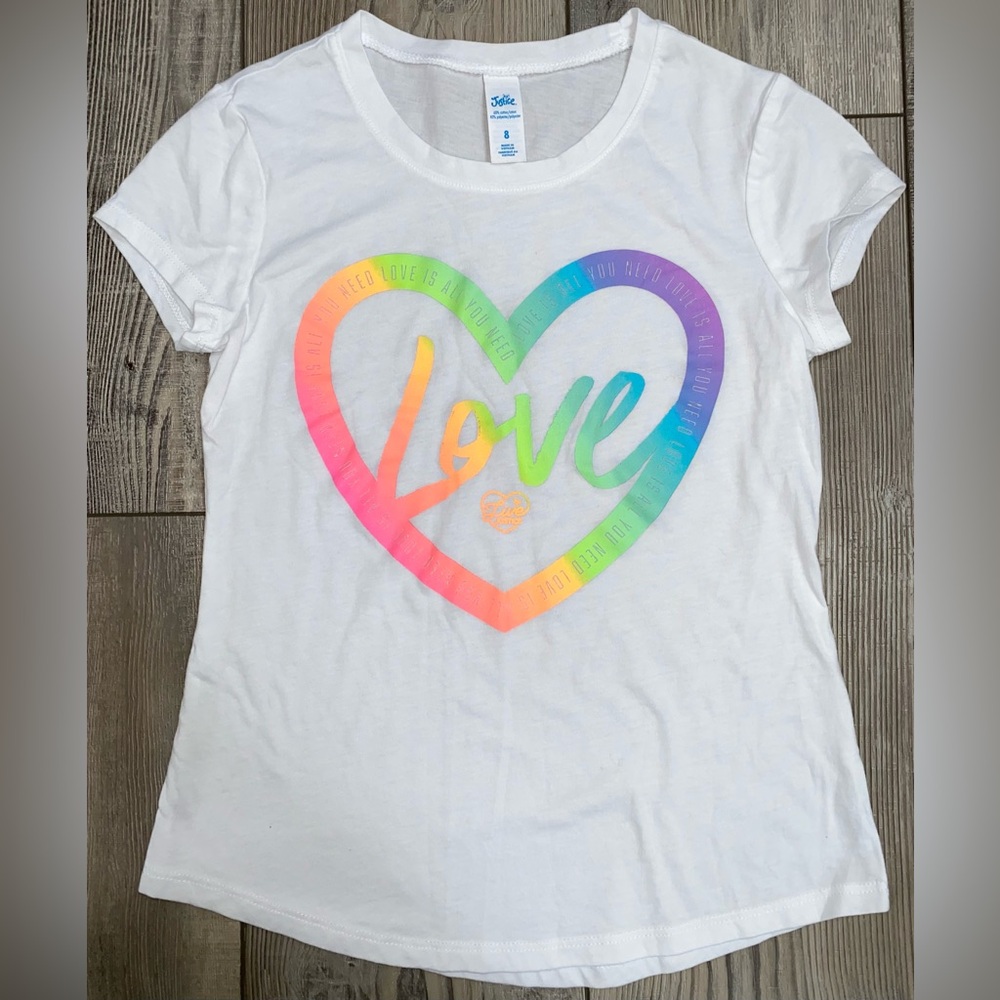 NWOT Justice All You Need is Love Tye Die Rainbow Heart Logo White Tee Girl’s 8